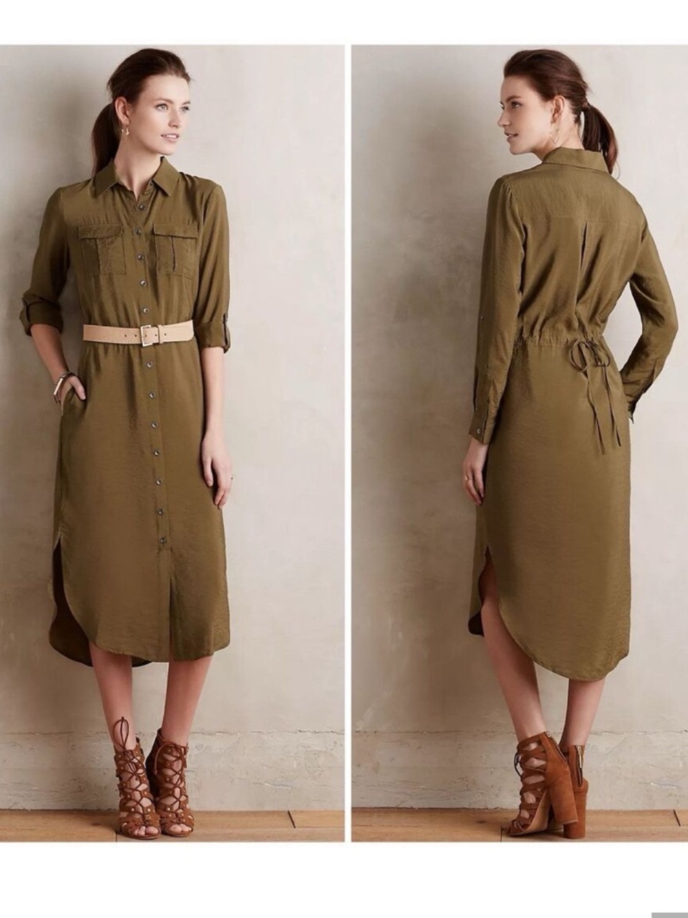 Lightweight Olive Green Button-Front Shirt Dress